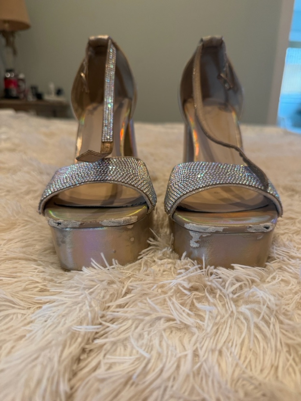 Sparkling Silver T-Strap Platform Heels